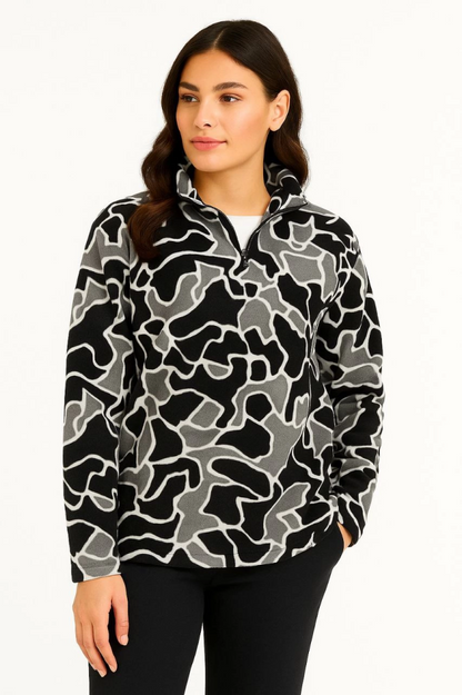 KADIN Yarım Fermuarlı Desenli Polar Sweat Yakalı, Uzun Kollu, Oversize Rahat Kalıp - Siyah