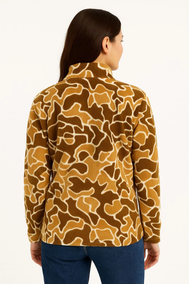 KADIN Yarım Fermuarlı Desenli Polar Sweat Yakalı, Uzun Kollu, Oversize Rahat Kalıp - Kahverengi