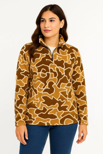 KADIN Yarım Fermuarlı Desenli Polar Sweat Yakalı, Uzun Kollu, Oversize Rahat Kalıp - Kahverengi