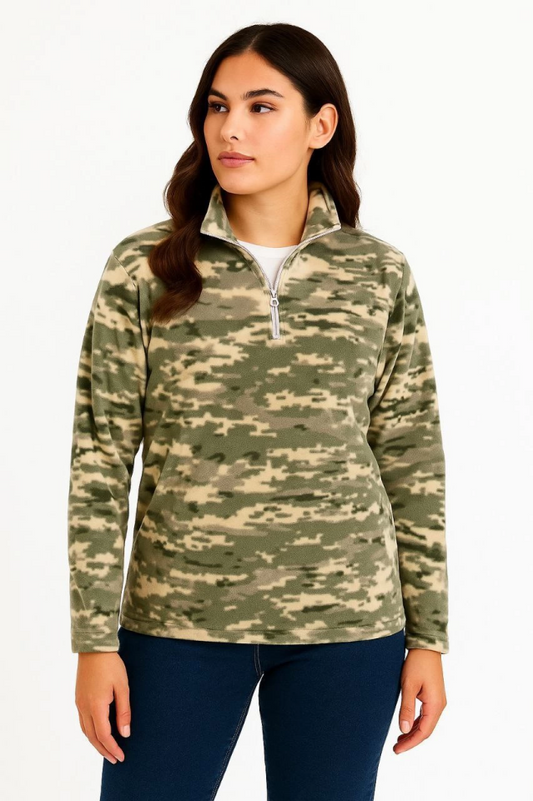 Yarım Fermuarlı Desenli Polar Sweat - Haki Kamuflaj Yakalı, Uzun Kollu, Oversize Rahat Kalıp - Haki