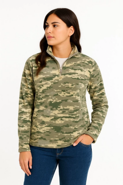 Yarım Fermuarlı Desenli Polar Sweat - Haki Kamuflaj Yakalı, Uzun Kollu, Oversize Rahat Kalıp - Haki