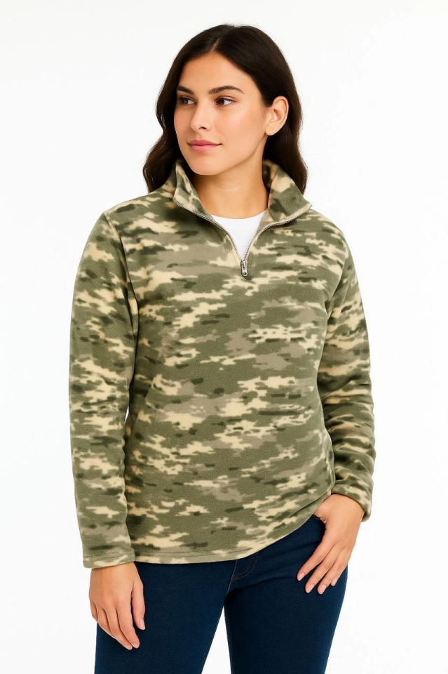Yarım Fermuarlı Desenli Polar Sweat - Haki Kamuflaj Yakalı, Uzun Kollu, Oversize Rahat Kalıp - Haki