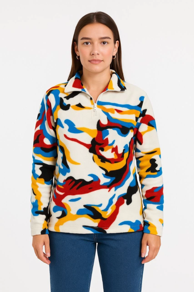 Yarım Fermuarlı Desenli Polar Sweat - Renkli Abstract Desen Yakalı, Uzun Kollu, Oversize Rahat Kalıp - Beyaz