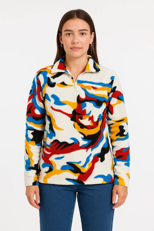 Yarım Fermuarlı Desenli Polar Sweat - Renkli Abstract Desen Yakalı, Uzun Kollu, Oversize Rahat Kalıp - Beyaz