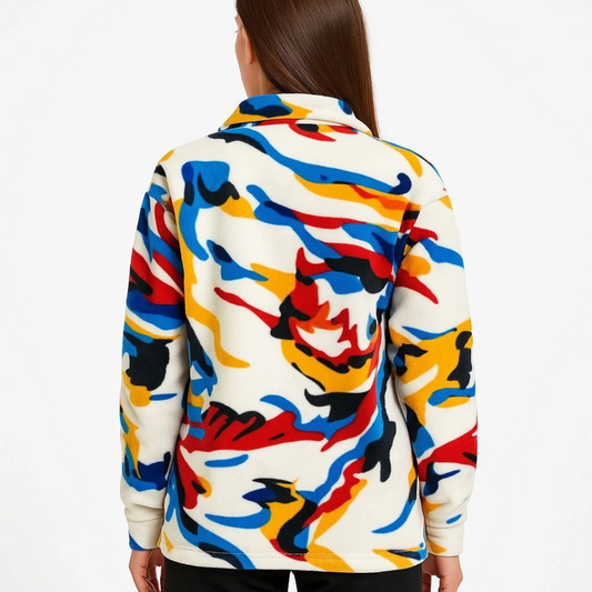 Yarım Fermuarlı Desenli Polar Sweat - Renkli Abstract Desen Yakalı, Uzun Kollu, Oversize Rahat Kalıp - Beyaz