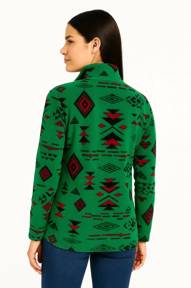 Yarım Fermuarlı Desenli Polar Sweat Tribal Etnik Desen Yakalı, Uzun Kollu, Oversize Rahat Kalıp - Yeşil