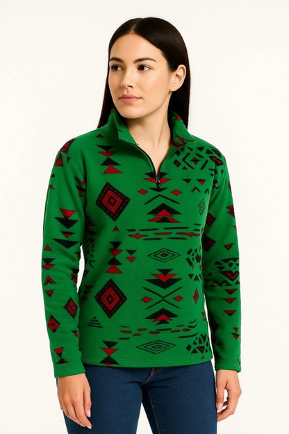Yarım Fermuarlı Desenli Polar Sweat Tribal Etnik Desen Yakalı, Uzun Kollu, Oversize Rahat Kalıp - Yeşil