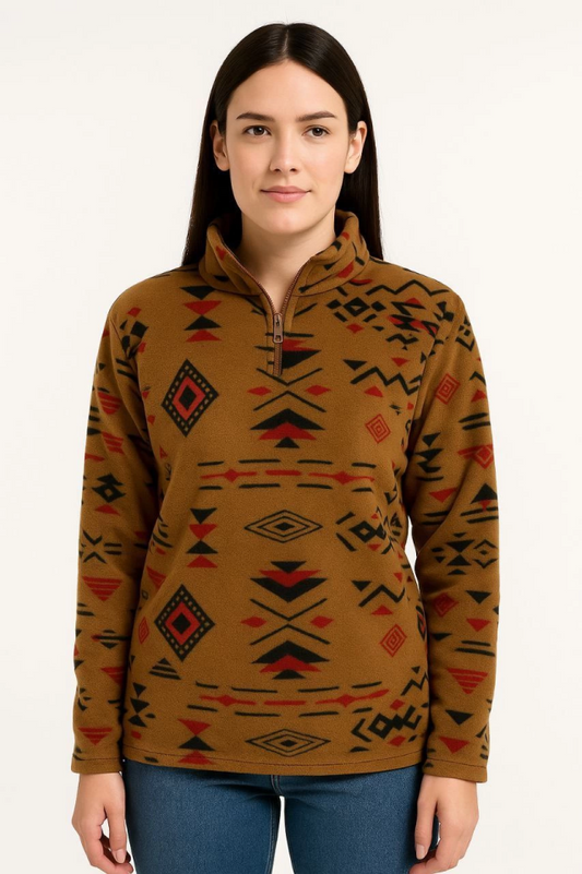 Yarım Fermuarlı Desenli Polar Sweat Tribal Etnik Desen Yakalı, Uzun Kollu, Oversize Rahat Kalıp - Kahverengi