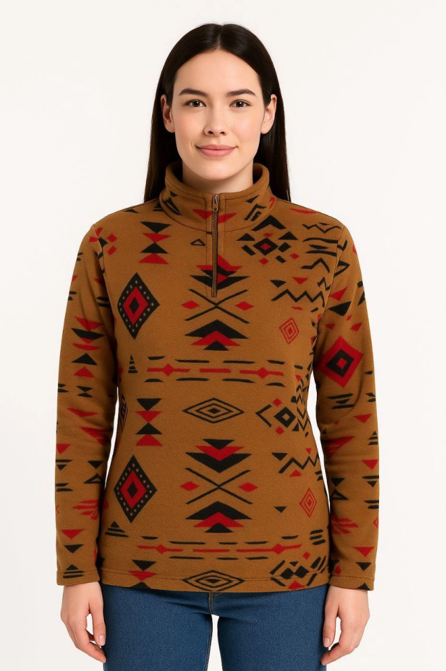 Yarım Fermuarlı Desenli Polar Sweat Tribal Etnik Desen Yakalı, Uzun Kollu, Oversize Rahat Kalıp - Kahverengi