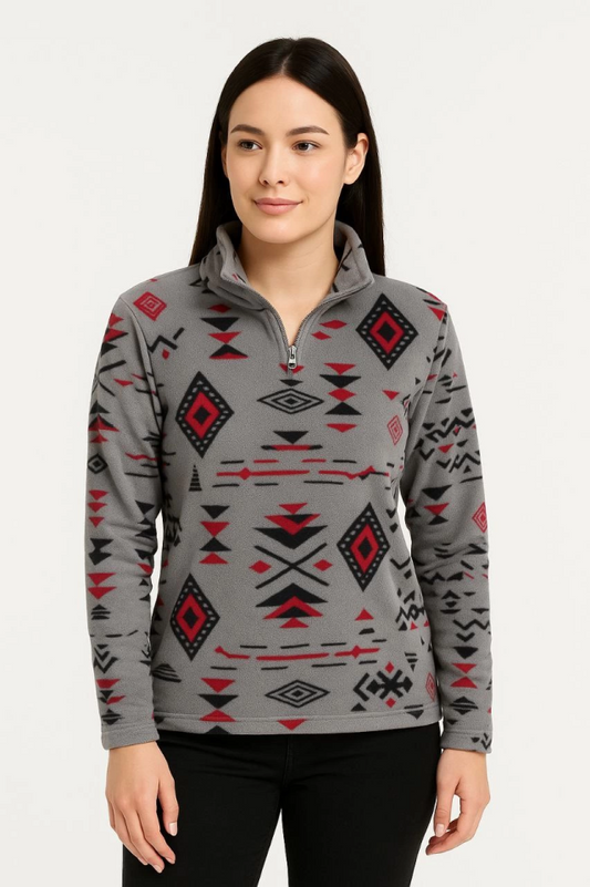 Yarım Fermuarlı Desenli Polar Sweat Tribal Etnik Desen Yakalı, Uzun Kollu, Oversize Rahat Kalıp - Füme