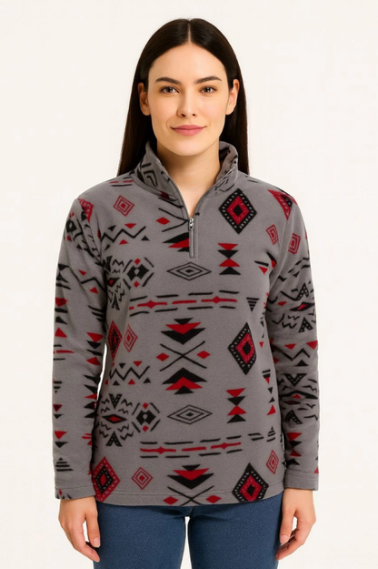 Yarım Fermuarlı Desenli Polar Sweat Tribal Etnik Desen Yakalı, Uzun Kollu, Oversize Rahat Kalıp - Füme