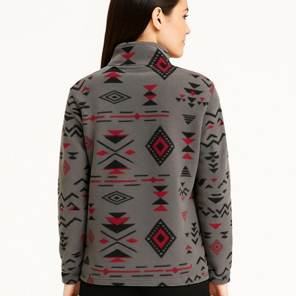 Yarım Fermuarlı Desenli Polar Sweat Tribal Etnik Desen Yakalı, Uzun Kollu, Oversize Rahat Kalıp - Füme