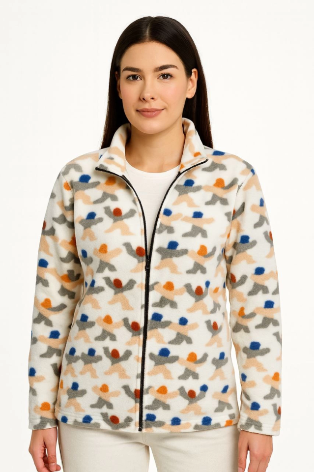 Tam Fermuarlı Desenli Polar Sweat - Siyah Multicolor Figür Desen Yakalı, Uzun Kollu, Oversize Rahat Kalıp - Beyaz