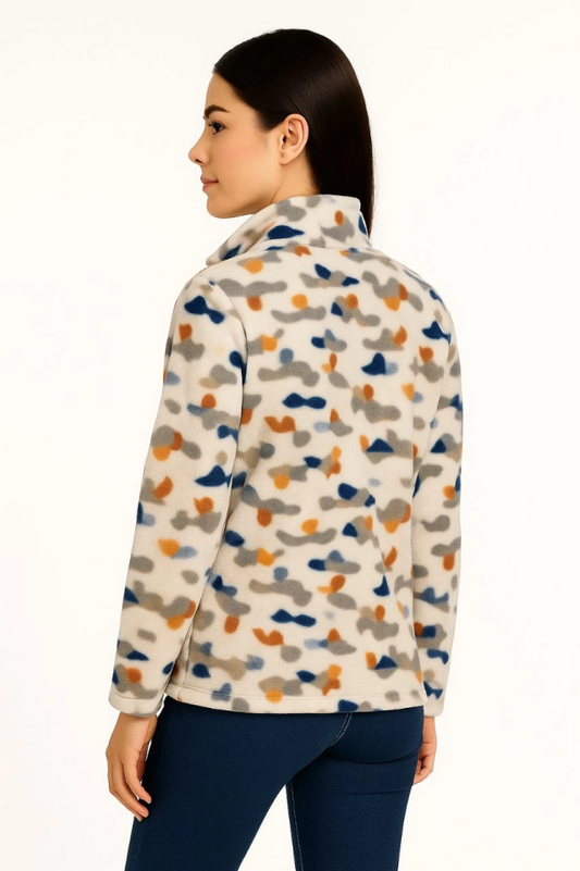 Tam Fermuarlı Desenli Polar Sweat - Siyah Multicolor Figür Desen Yakalı, Uzun Kollu, Oversize Rahat Kalıp - Beyaz