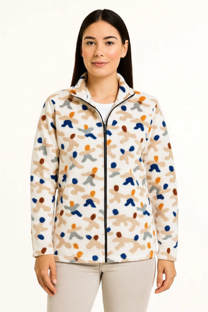 Tam Fermuarlı Desenli Polar Sweat - Siyah Multicolor Figür Desen Yakalı, Uzun Kollu, Oversize Rahat Kalıp - Beyaz