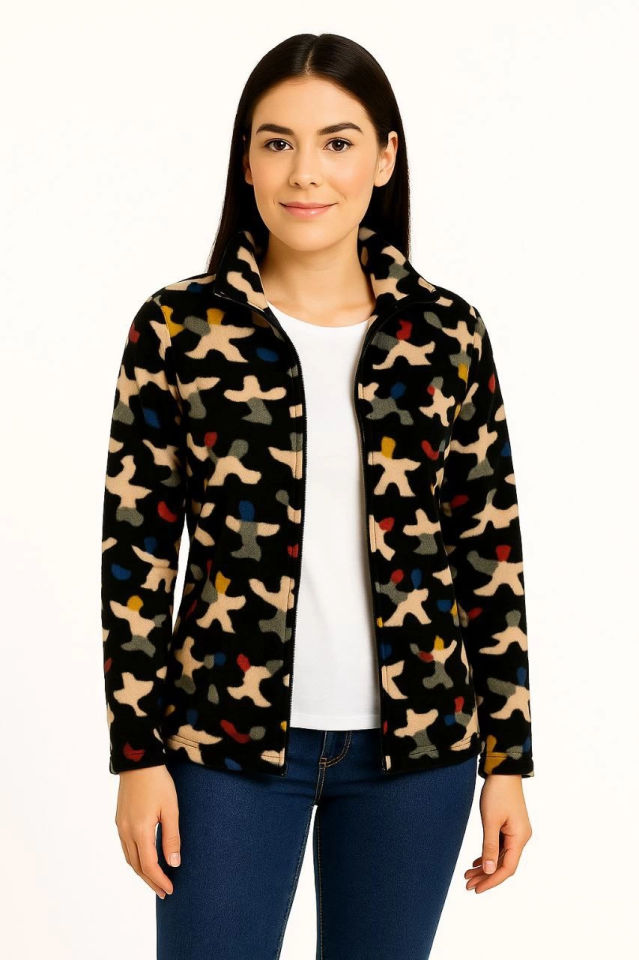 Tam Fermuarlı Desenli Polar Sweat - Siyah Multicolor Figür Desen Yakalı, Uzun Kollu, Oversize Rahat Kalıp - Siyah