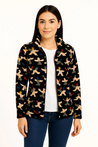 Tam Fermuarlı Desenli Polar Sweat - Siyah Multicolor Figür Desen Yakalı, Uzun Kollu, Oversize Rahat Kalıp - Siyah