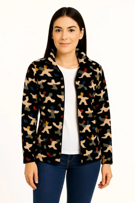 Tam Fermuarlı Desenli Polar Sweat - Siyah Multicolor Figür Desen Yakalı, Uzun Kollu, Oversize Rahat Kalıp - Siyah