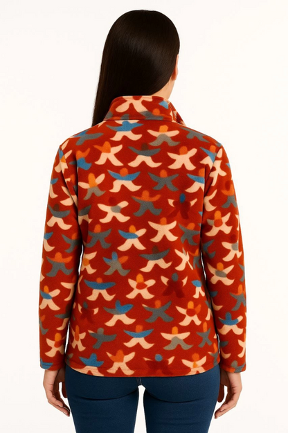 Tam Fermuarlı Desenli Polar Sweat - Siyah Multicolor Figür Desen Yakalı, Uzun Kollu, Oversize Rahat Kalıp - Kiremit