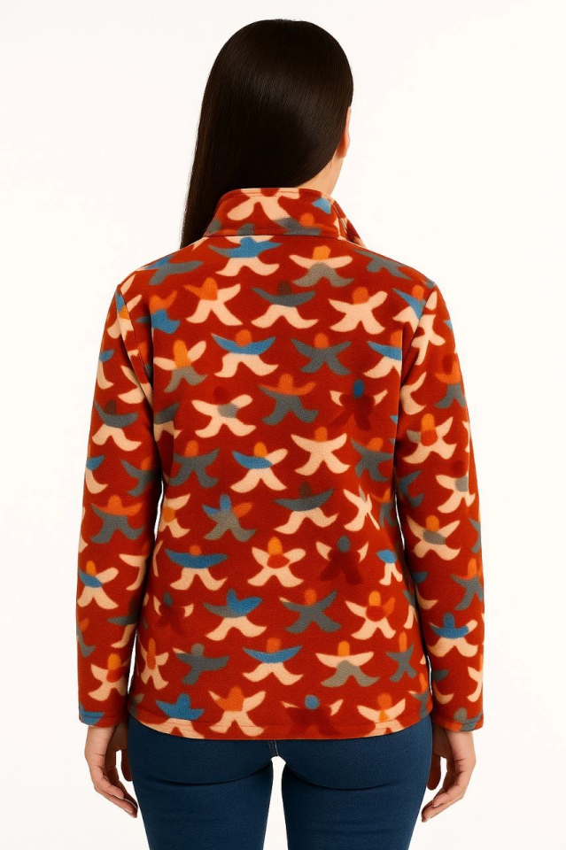 Tam Fermuarlı Desenli Polar Sweat - Siyah Multicolor Figür Desen Yakalı, Uzun Kollu, Oversize Rahat Kalıp - Kiremit