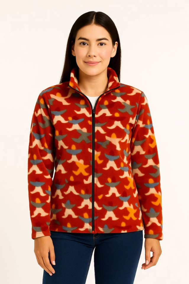 Tam Fermuarlı Desenli Polar Sweat - Siyah Multicolor Figür Desen Yakalı, Uzun Kollu, Oversize Rahat Kalıp - Kiremit