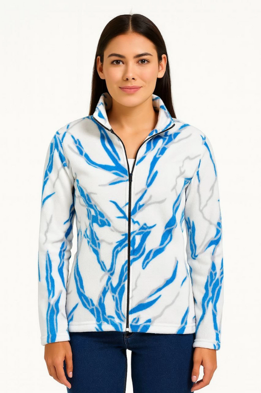 Tam Fermuarlı Desenli Polar Sweat Lightning Desen Yakalı, Uzun Kollu, Oversize Rahat Kalıp - Beyaz