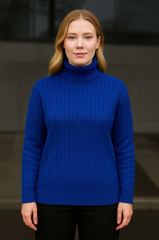 Balıkcı Yaka Bağazlı Triko Kazak Pamuklu Kalın Fitilli Dokuma - Saks Mavisi