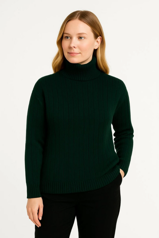 Balıkcı Yaka Bağazlı Triko Kazak Pamuklu Kalın Fitilli Dokuma - Haki