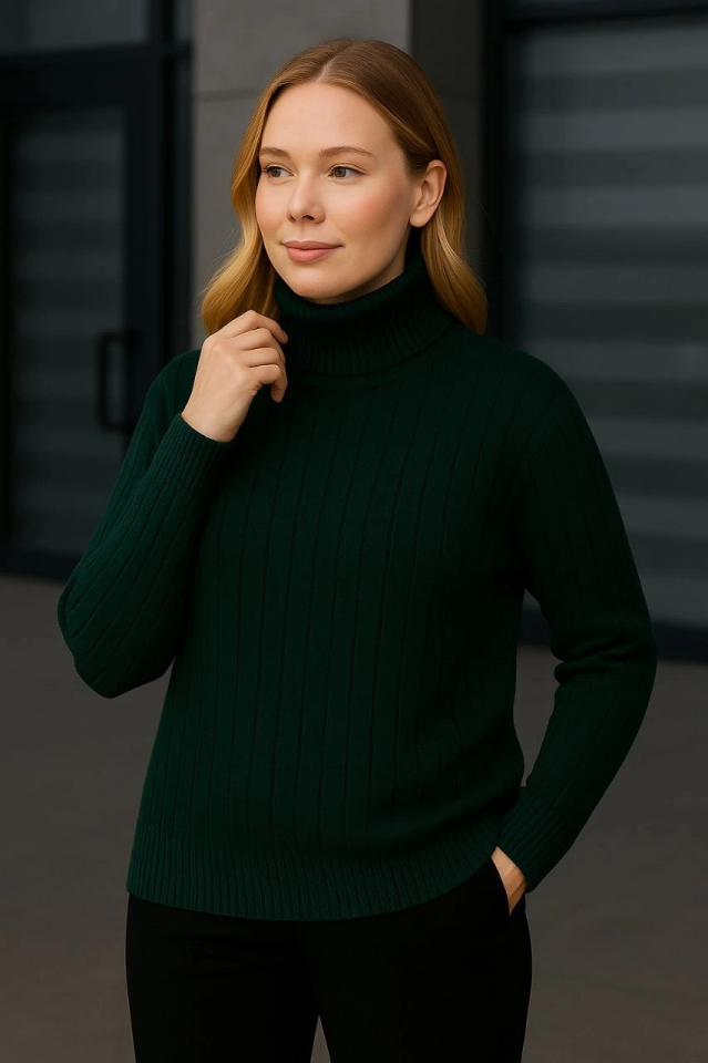 Balıkcı Yaka Bağazlı Triko Kazak Pamuklu Kalın Fitilli Dokuma - Haki