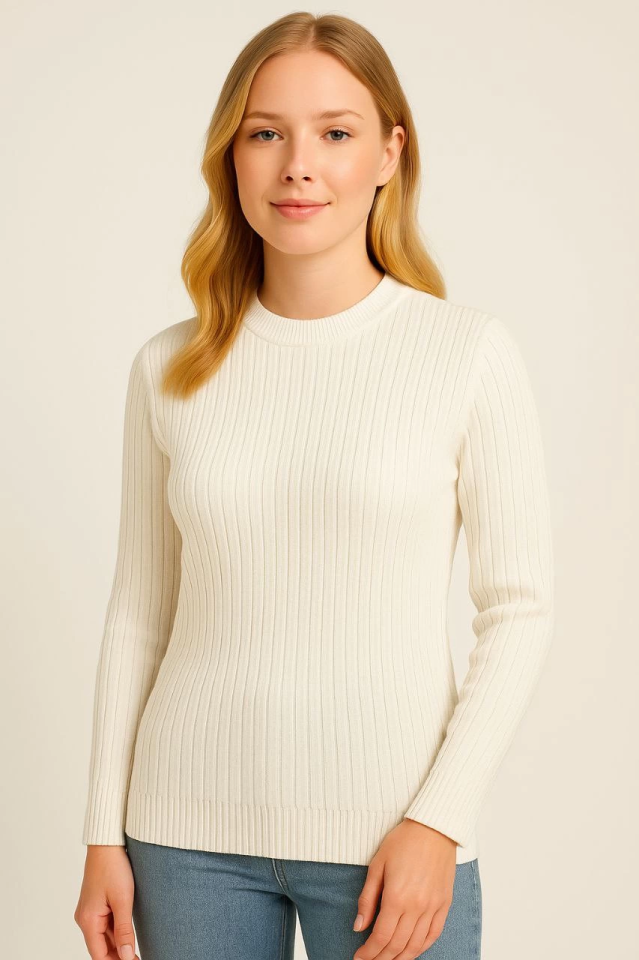 Bisiklet Yuvarlak Yaka Triko Kazak Pamuklu Kalın Fitilli Dokuma, Regular Fit Uzun Kollu Kışlık Model - Beyaz