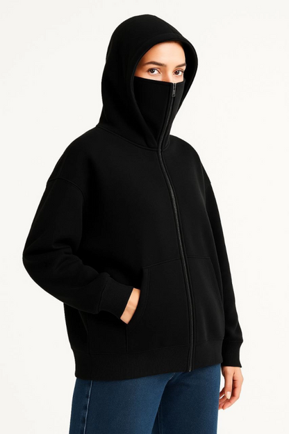 Samuray Ninja Çift Kapşonlu ZIP Fermuarlı Kanguru Çepli Hoodie Maske Detaylı Swetshirt - Siyah