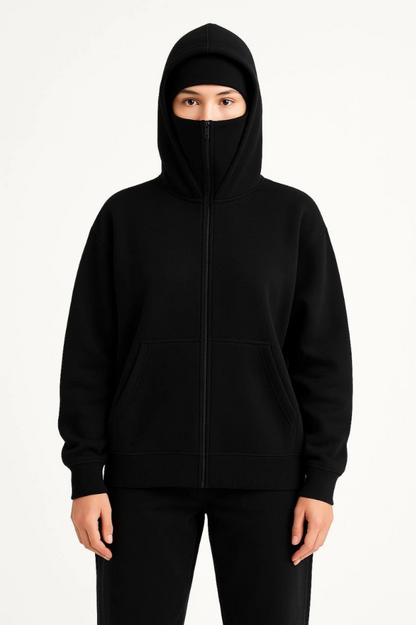 Samuray Ninja Çift Kapşonlu ZIP Fermuarlı Kanguru Çepli Hoodie Maske Detaylı Swetshirt - Siyah
