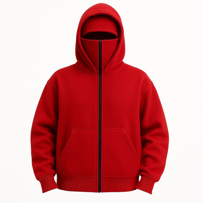 Samuray Ninja Çift Kapşonlu ZIP Fermuarlı Kanguru Çepli Hoodie Maske Detaylı Swetshirt - Kırmızı