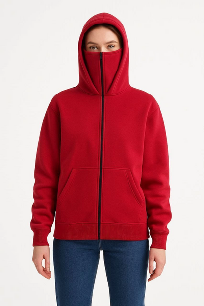Samuray Ninja Çift Kapşonlu ZIP Fermuarlı Kanguru Çepli Hoodie Maske Detaylı Swetshirt - Kırmızı