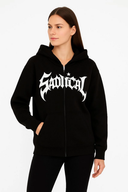 Oversize Kapüşonlu Sweatshirt  Hoodie 3 İplik Şardonlu Pamuklu Kumaş, Önü Baskılı, Fermuarlı Rahat Kalıp, Kışlık Ve Sokak Stili Sweat - Siyah