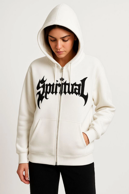 Oversize Kapüşonlu Sweatshirt Hoodie 3 İplik Şardonlu Pamuklu Kumaş, Önü Baskılı, Fermuarlı Rahat Kalıp, Kışlık Ve Sokak Stili Sweat - Beyaz