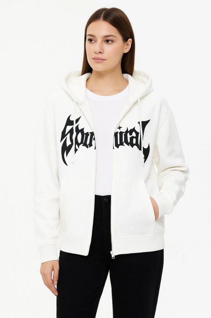 Oversize Kapüşonlu Sweatshirt Hoodie 3 İplik Şardonlu Pamuklu Kumaş, Önü Baskılı, Fermuarlı Rahat Kalıp, Kışlık Ve Sokak Stili Sweat - Beyaz