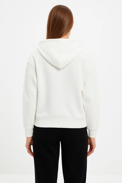 Oversize Kapüşonlu Sweatshirt Hoodie 3 İplik Şardonlu Pamuklu Kumaş, Önü Baskılı, Fermuarlı Rahat Kalıp, Kışlık Ve Sokak Stili Sweat - Beyaz