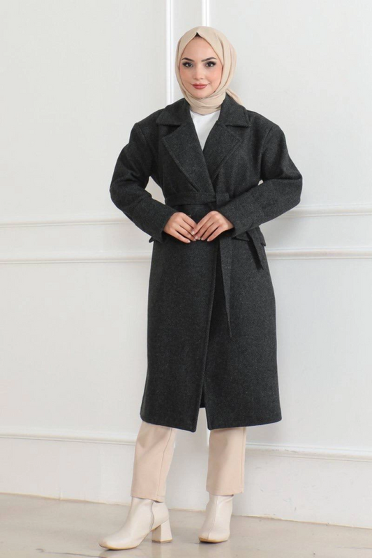 Kaşe Kaban - Uzun Boy 115 Cm Kruvaze Yaka Kuşaklı Astarlı Kışlık Tesettür Kaban, Yünlü Dokuma Kaşmir Kumaş, Cepli Oversize Rahat Kalıp Şık Modern Kaban Mont Modeli (Günlük Ve Özel Gün Kombinlerine Uygun) - Siyah