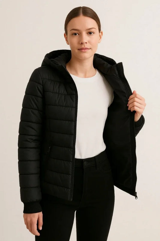 Şişme Kapüşonlu Fermuarlı Mont Su Itici Kapitone Astarlı Kumaş Cepli Kışlık Rahat Kalıp - Siyah