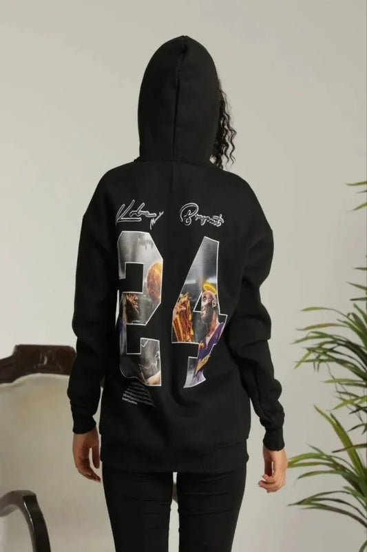 Baskılı Oversize Üç İplik Kapüşonlu Sweatshirt - Siyah