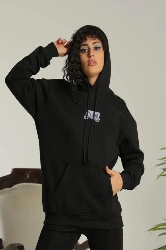 Baskılı Oversize Üç İplik Kapüşonlu Sweatshirt - Siyah