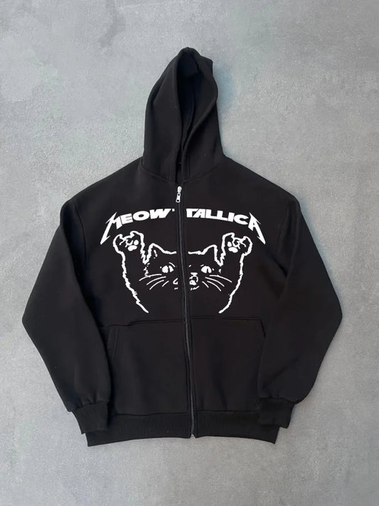 Kışlık Baskılı Fermuarlı Kapüşonlu Hırka - Siyah