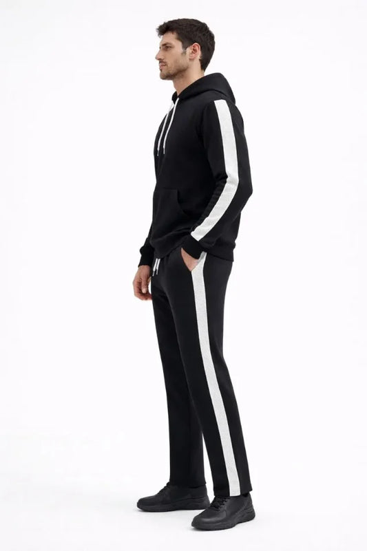 Erkek Şeritli Eşofman Takım Kapüşonlu Sweatshirt Boru Paça Alt, Oversize 3 Iplik Pamuklu - Siyah