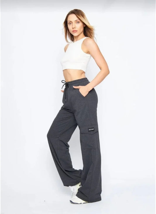 Yüksek Bel Kargo Cepli Palazzo Pantolon Oversize Bol Paça İki İplik Rahat Kesim - Antrasit