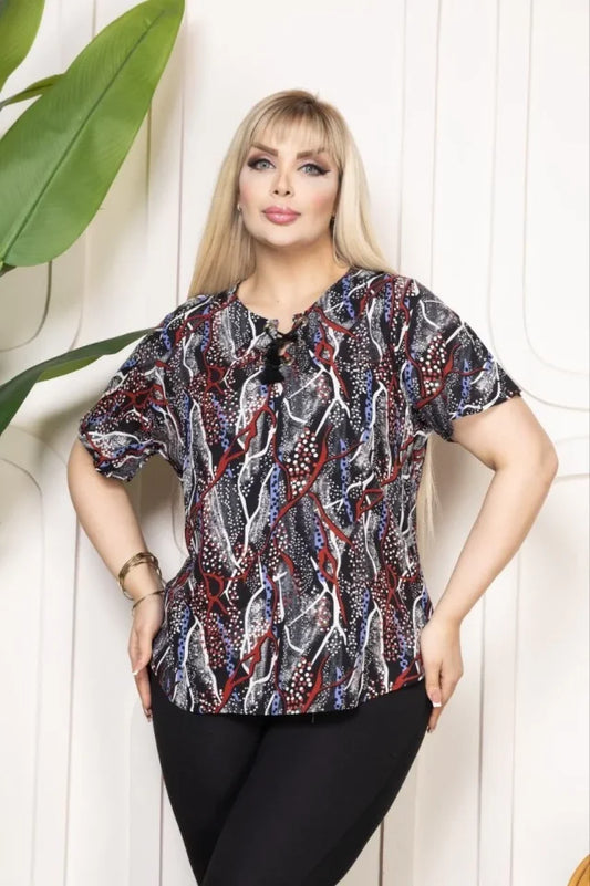 Desenli Püsküllü Viskon Bluz Bebe Yaka Kısa Kollu Big Size Rahat Kesim - Desenli