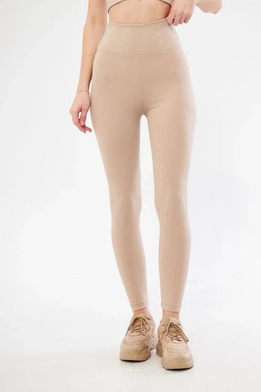 Fitilli Full Likralı Yüksek Bel Toparlayıcı Tayt Günlük Ve Spor Kullanım - Bej