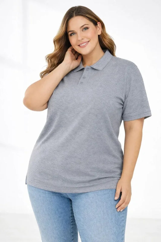 Pike Kumaş Düğmeli Yaka Battal Büyük Beden Günlük Kısa Kol Tişört T-shirt - Gri