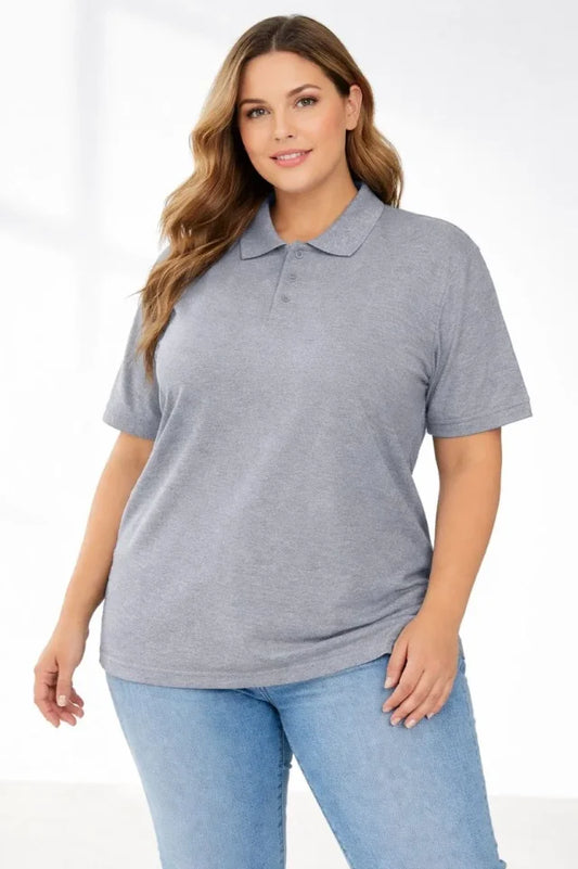 Pike Kumaş Düğmeli Yaka Battal Büyük Beden Günlük Kısa Kol Tişört T-shirt - Gri