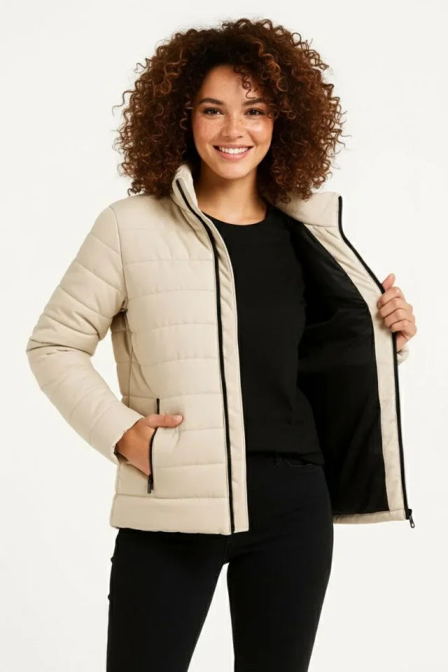 Mikro Su İtici Kapitone Baskılı Astarlı Fermuarlı Bomber Mont - Bej